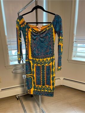 Madrag Yellow and Teal Long Sleeve Printed Sheath Dress